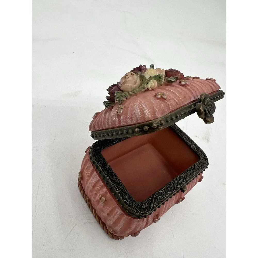Pink Floral Decorative Trinket Box with Hinged Lid Collectible